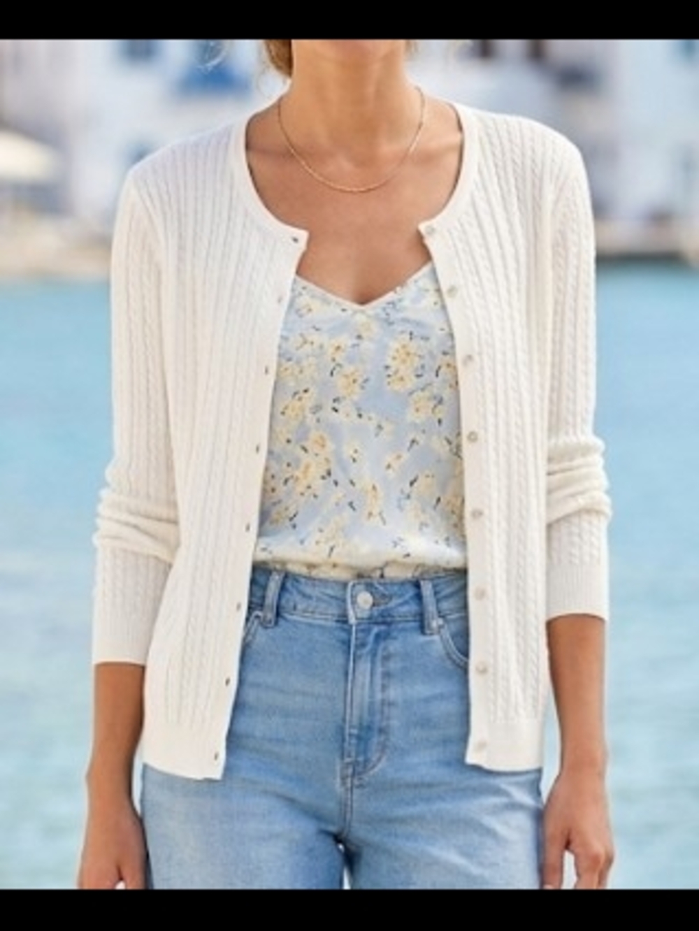 Tabi Classic Cream Cable-Knit Button Cardigan (Sz M) Preppy Nautical Capsule